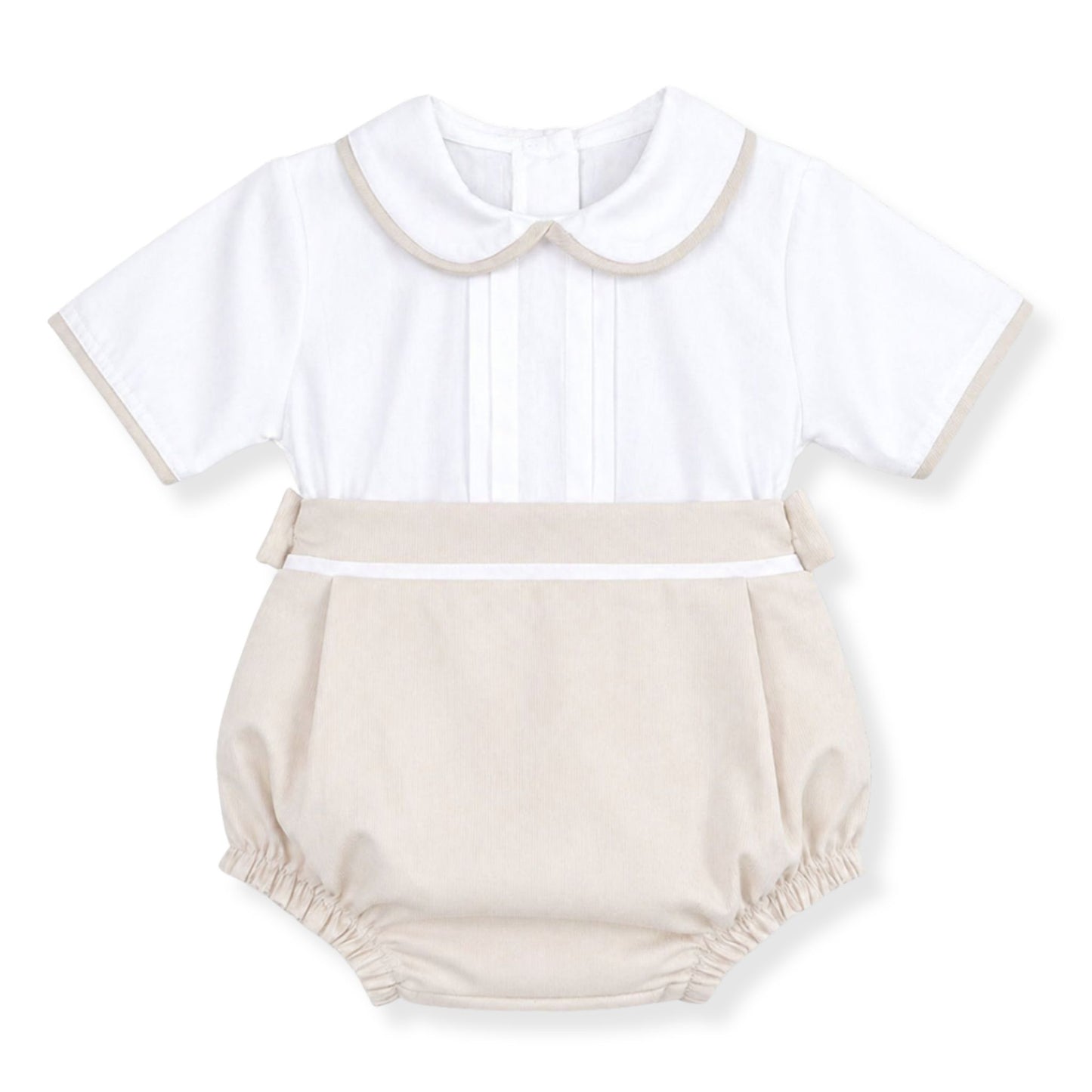 A set of beige jam pants with a white pleated shirt for baby boys, both with button details and a collar on the shirt. The outfit is designed for comfort and style for young children.