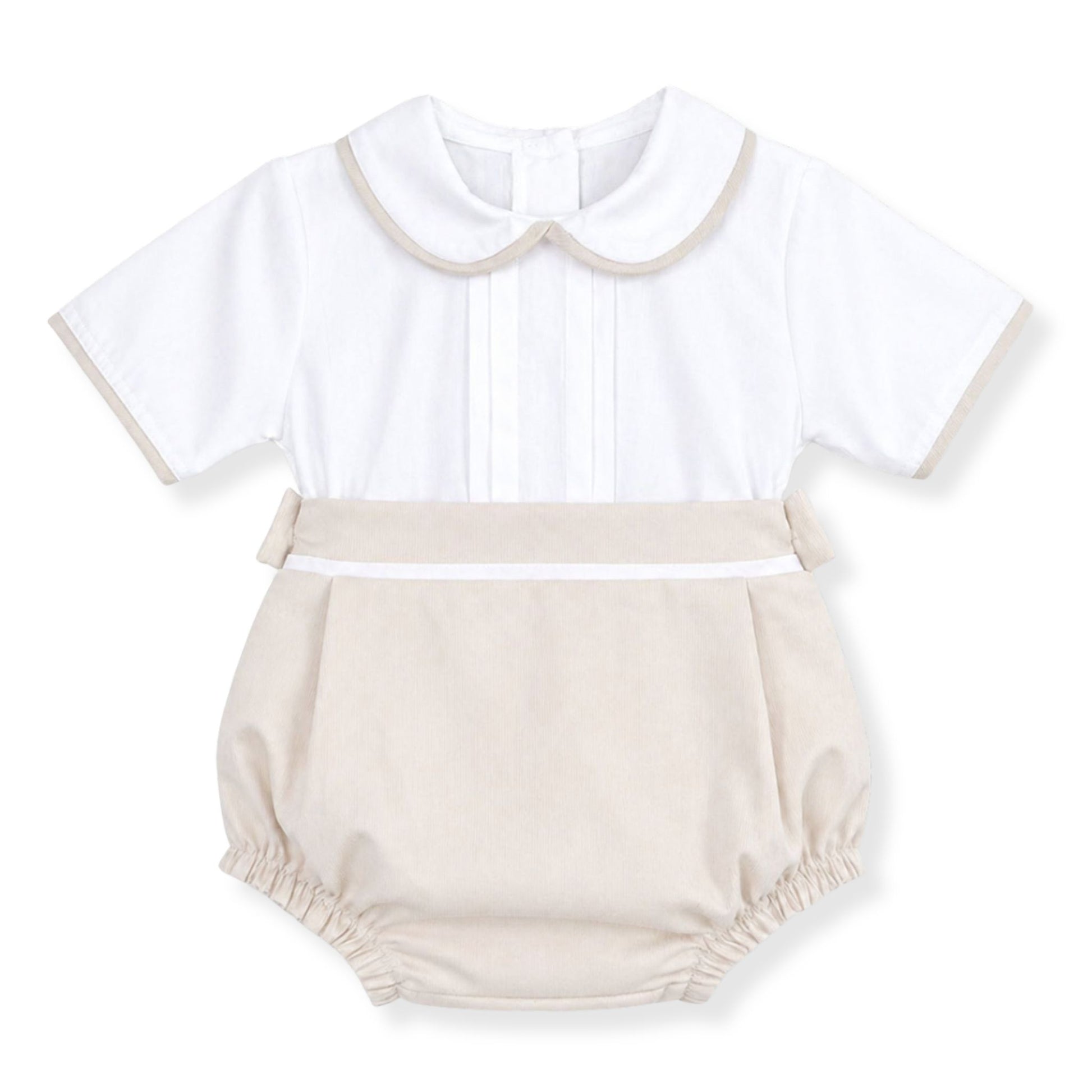 A set of beige jam pants with a white pleated shirt for baby boys, both with button details and a collar on the shirt. The outfit is designed for comfort and style for young children.