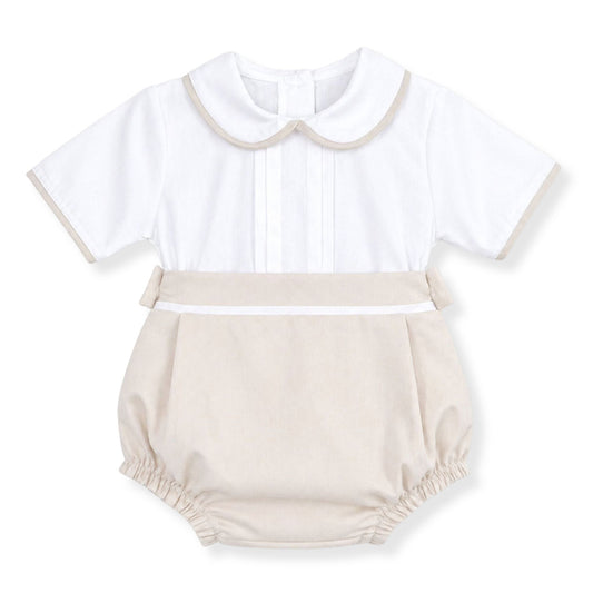 A set of beige jam pants with a white pleated shirt for baby boys, both with button details and a collar on the shirt. The outfit is designed for comfort and style for young children.