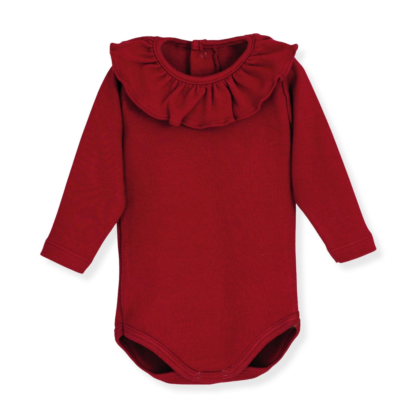 Red baby bodysuit with ruffled collar on a white background
