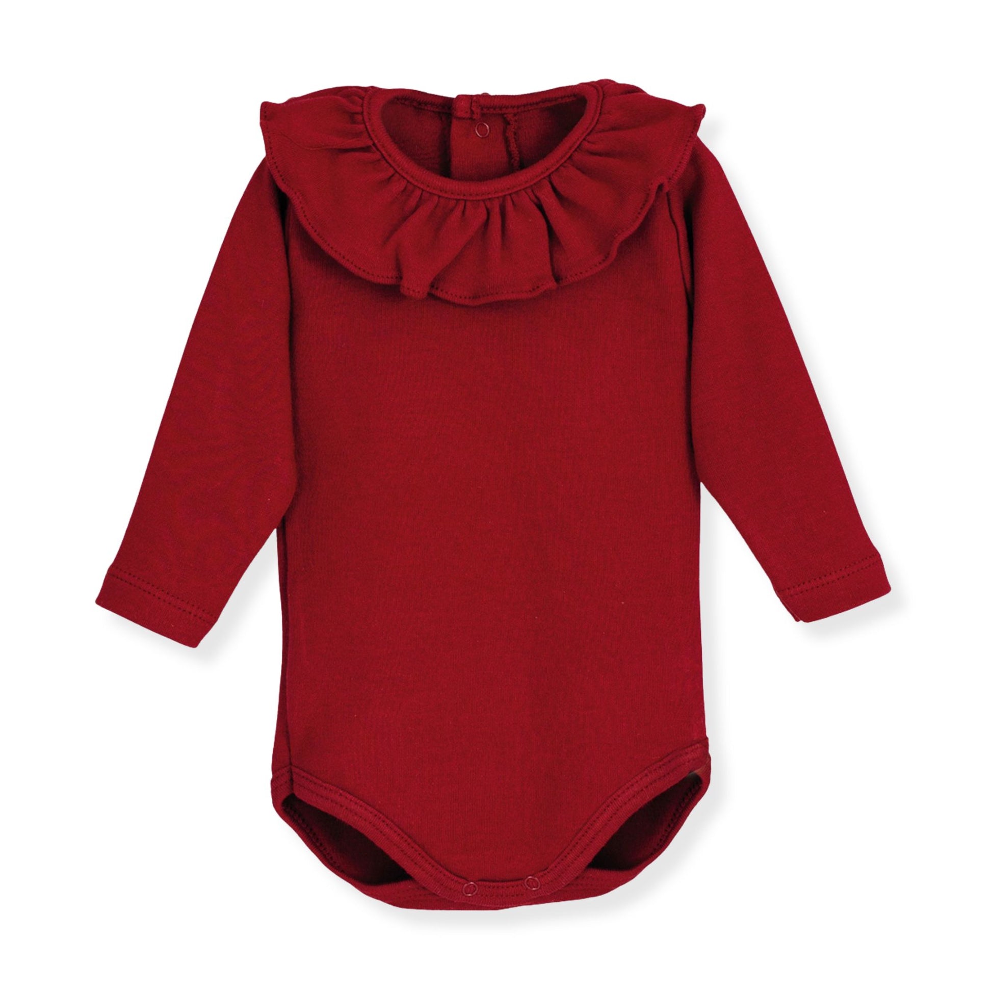 Red baby bodysuit with ruffled collar on a white background