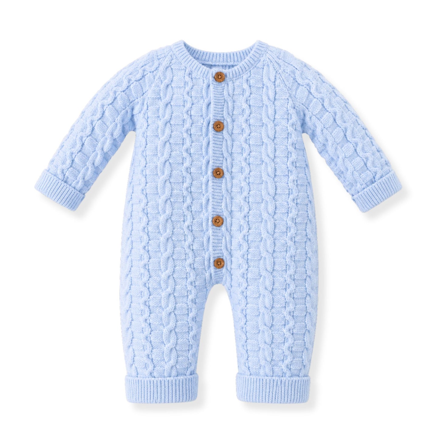 Blue knitted baby romper with buttons on a white background
