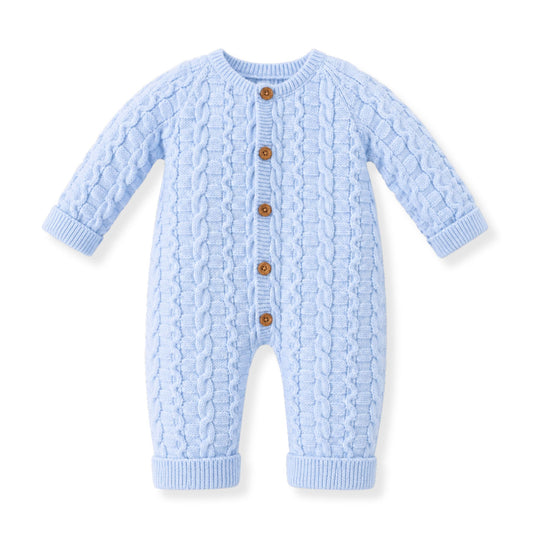 Blue knitted baby romper with buttons on a white background