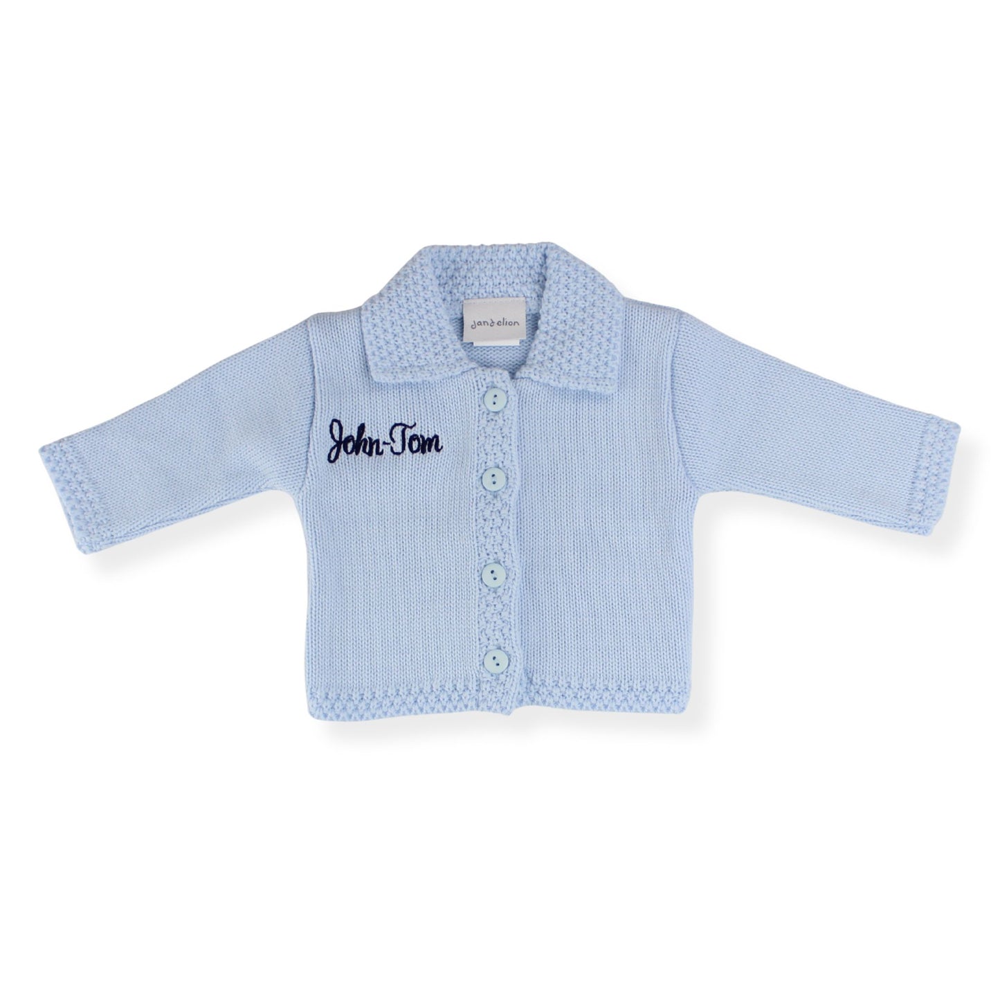 Light blue baby cardigan with 'name personalised with  embroidery on a white background