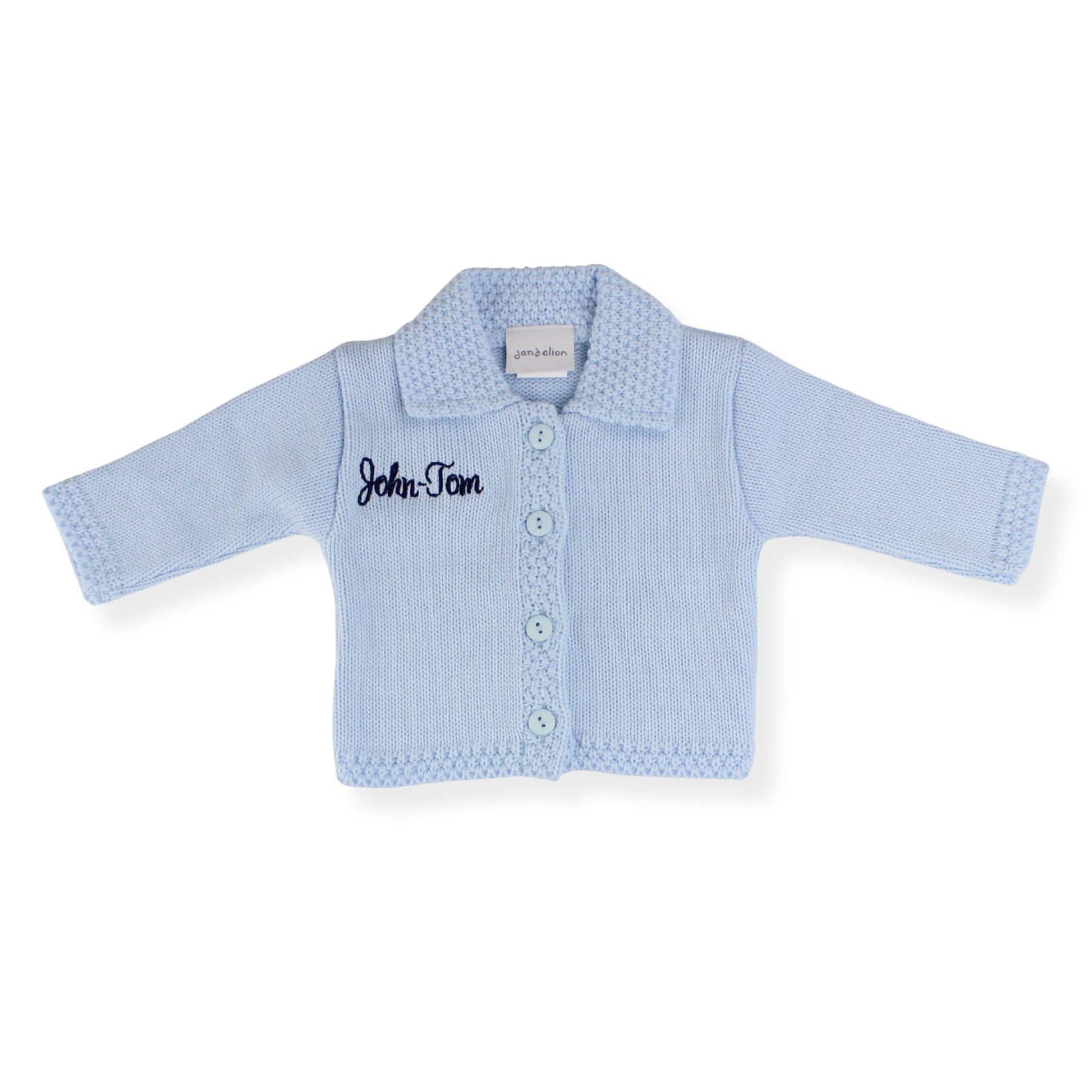Light blue baby cardigan with 'name personalised with  embroidery on a white background
