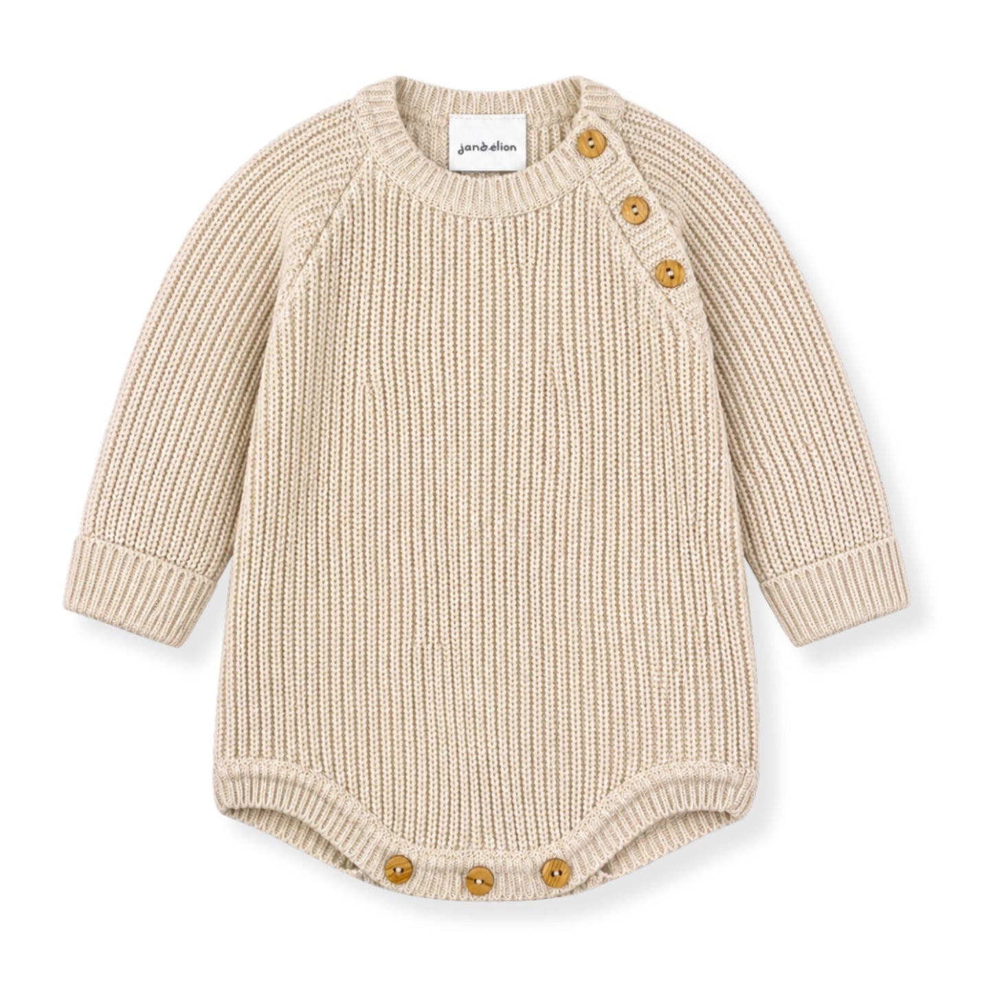 Beige knitted baby romper with button details on a white background