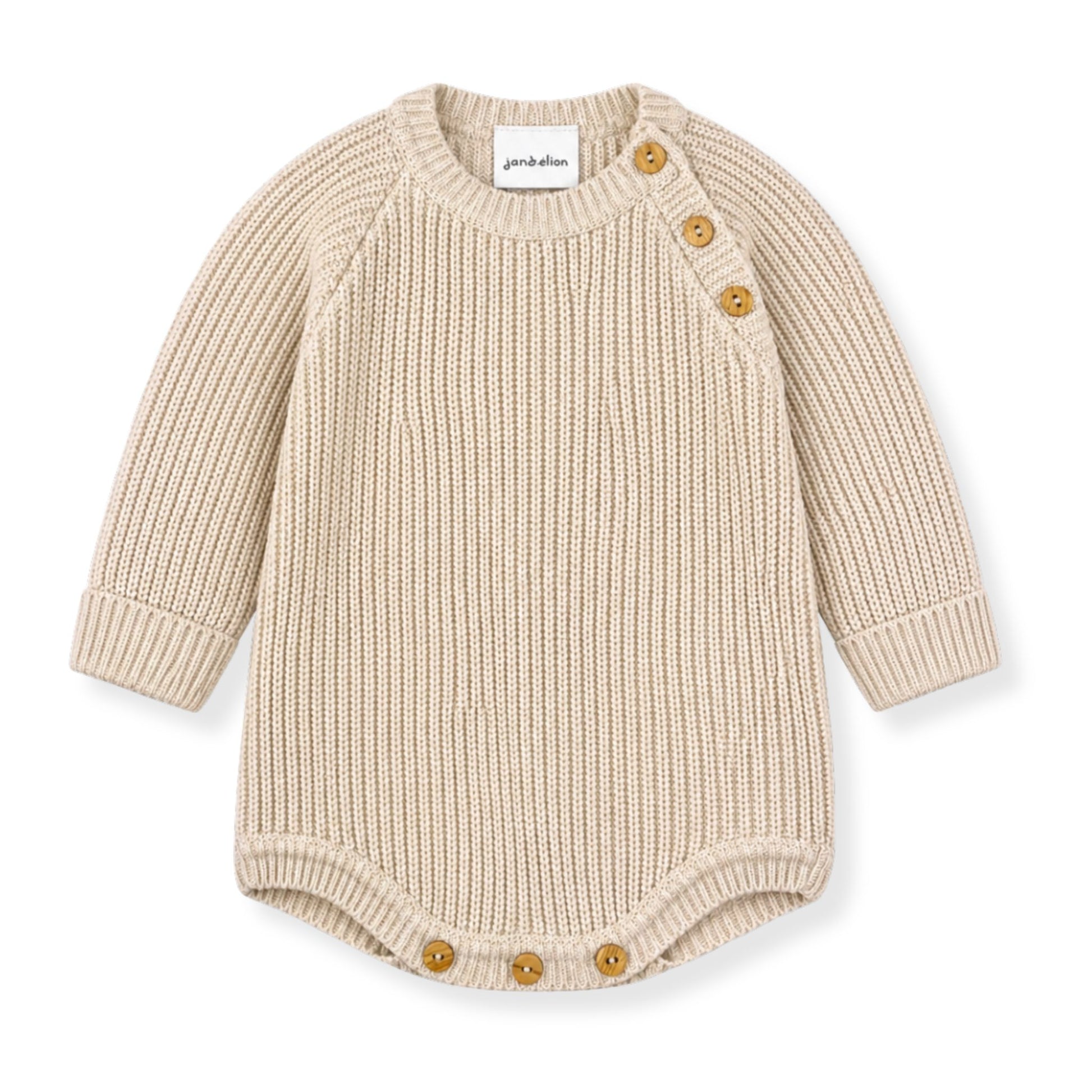 Beige knitted baby romper with button details on a white background