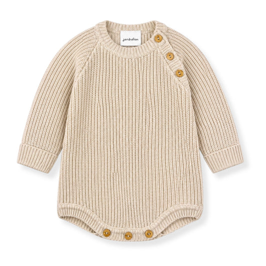 Beige knitted baby romper with button details on a white background