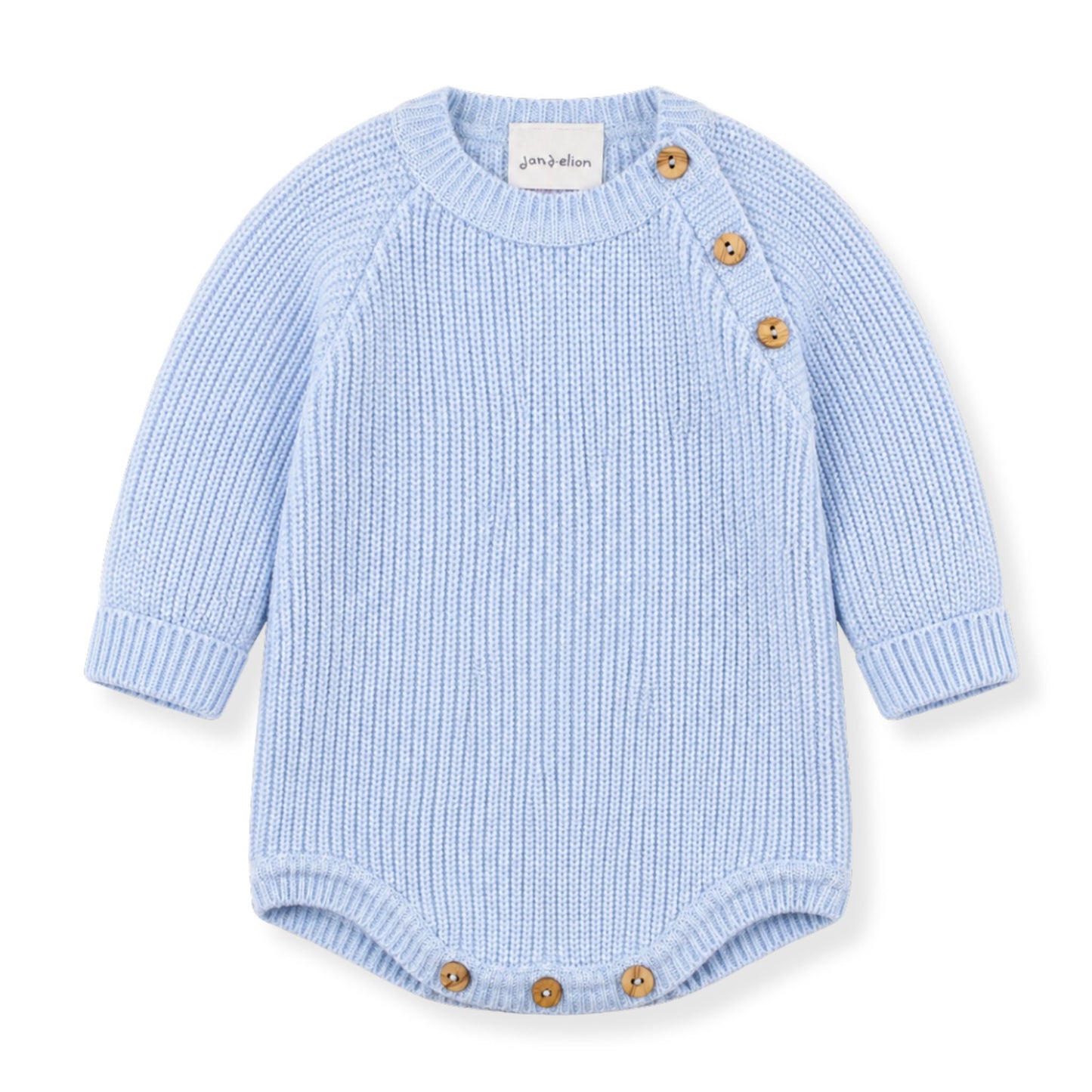 Light blue baby romper with brown buttons on a white background