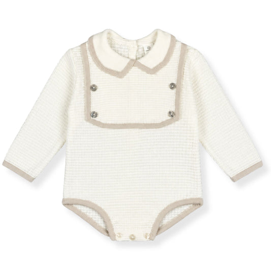 Baby Boys Cream Knitted Romper with Bib Detail