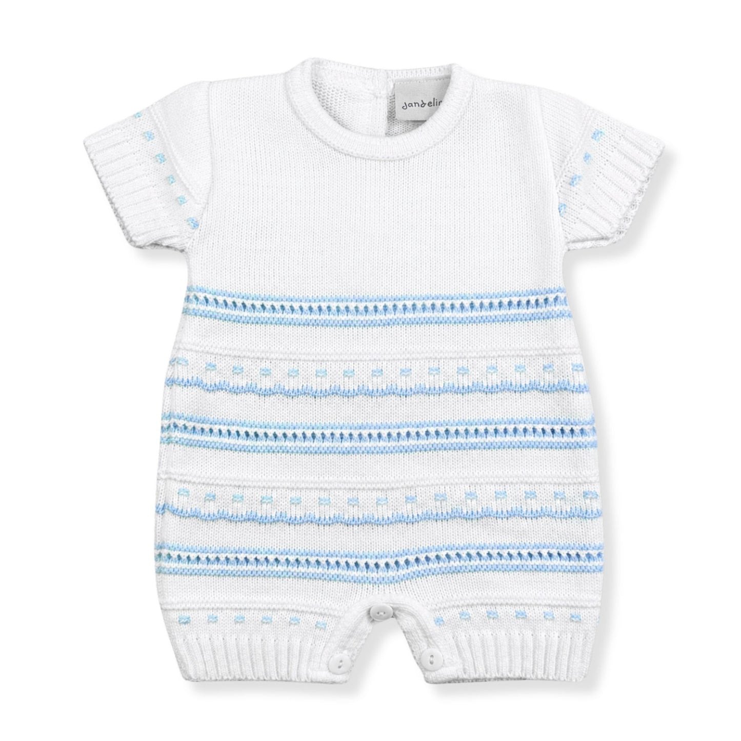 White baby knitted romper with blue stripes by Dandelion on a white background