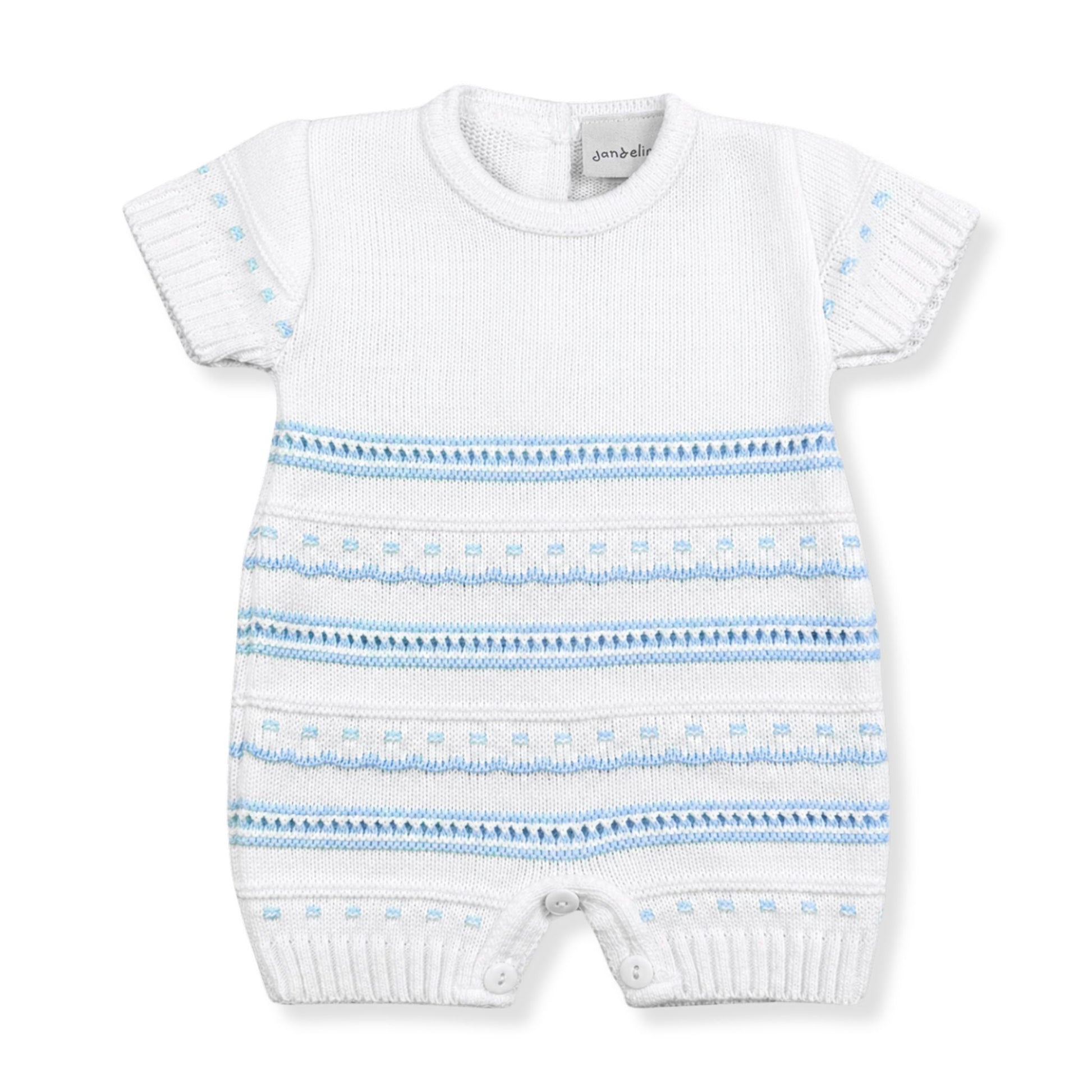 White baby knitted romper with blue stripes by Dandelion on a white background