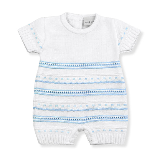 White baby knitted romper with blue stripes by Dandelion on a white background
