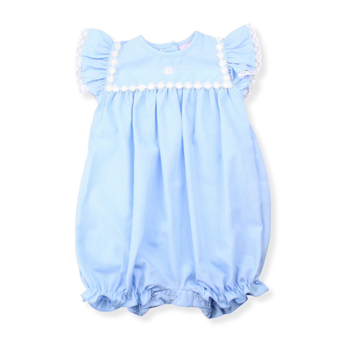 Light blue baby romper with ruffled sleeves on a white background