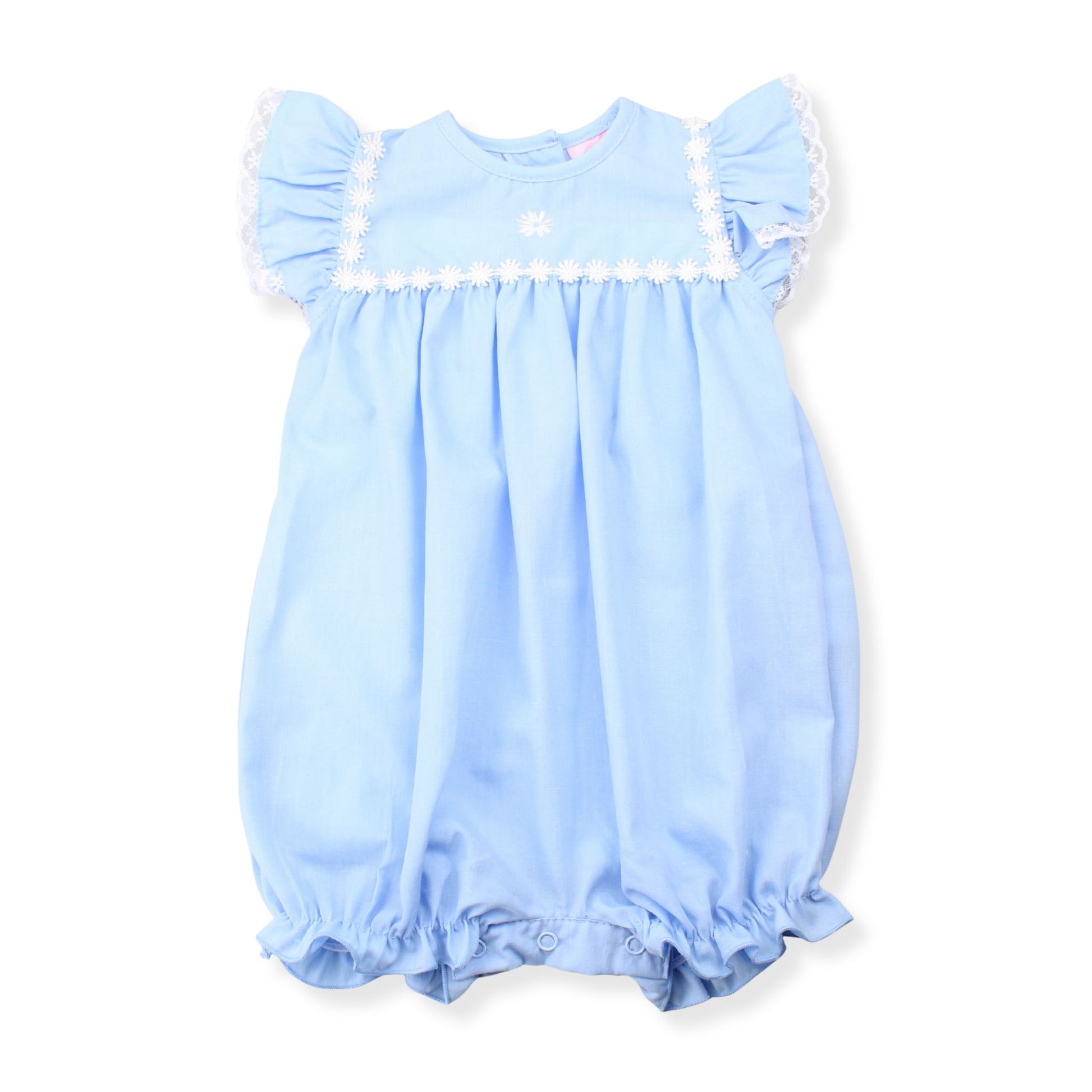 Light blue baby romper with ruffled sleeves on a white background