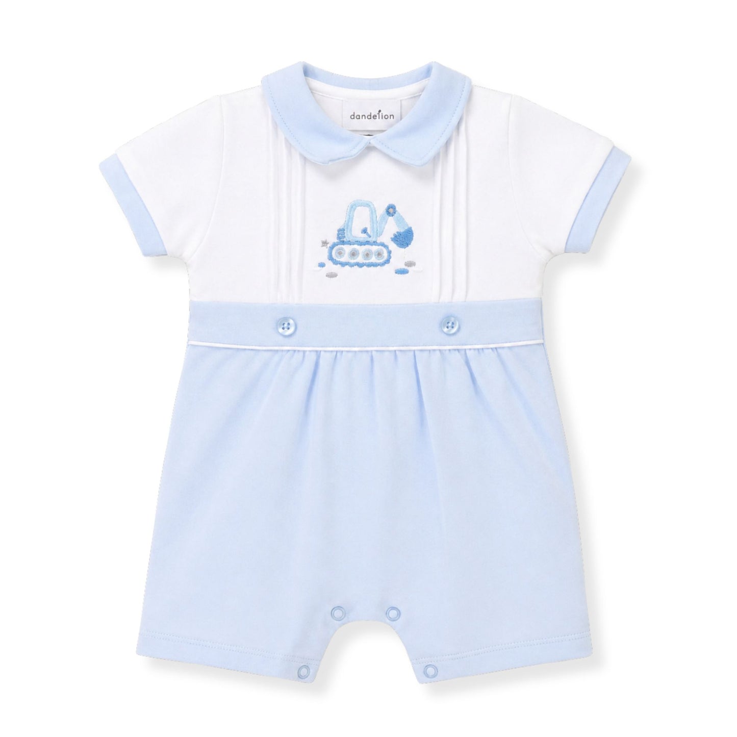 Baby romper with blue and white design on a white background