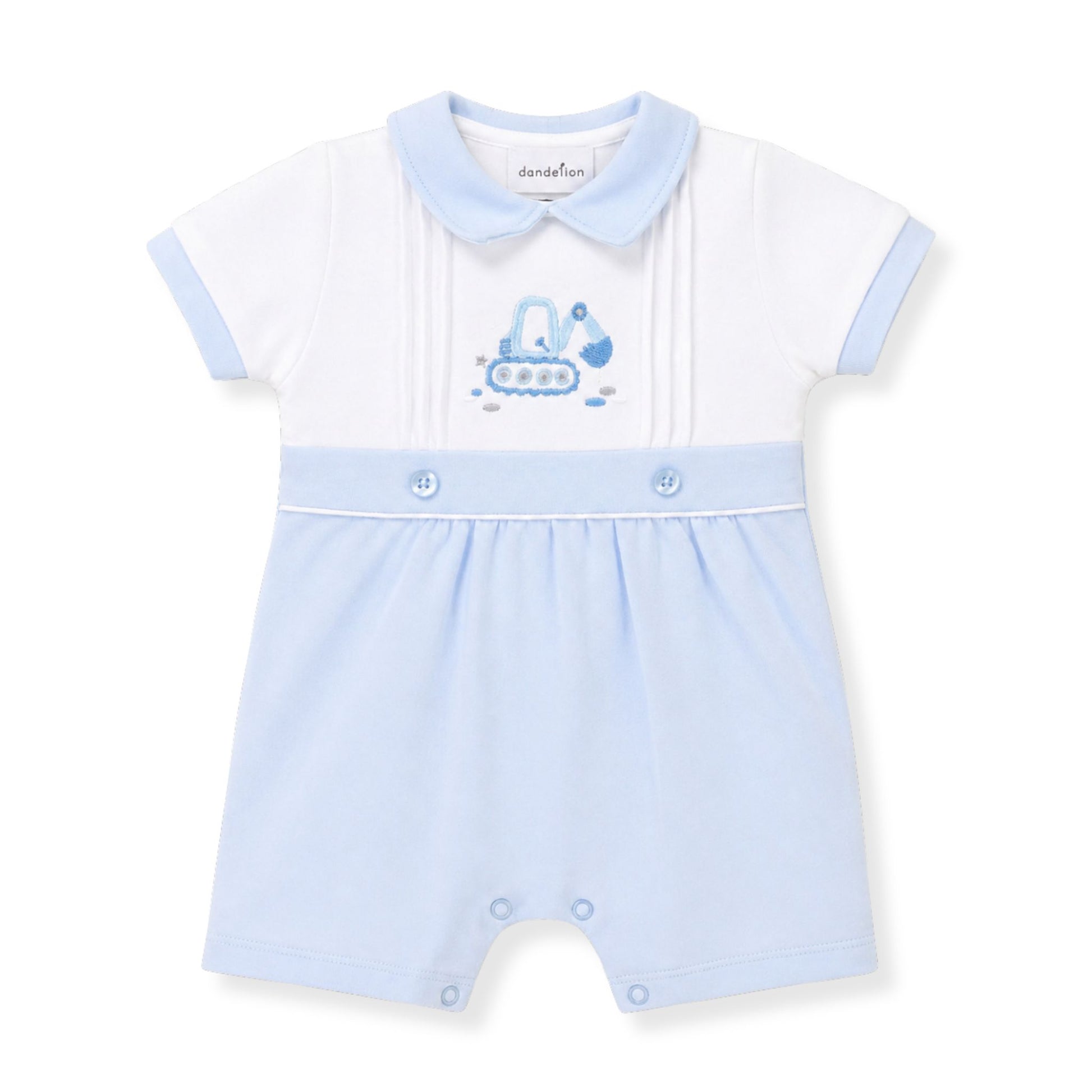 Baby romper with blue and white design on a white background
