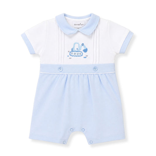 Baby romper with blue and white design on a white background