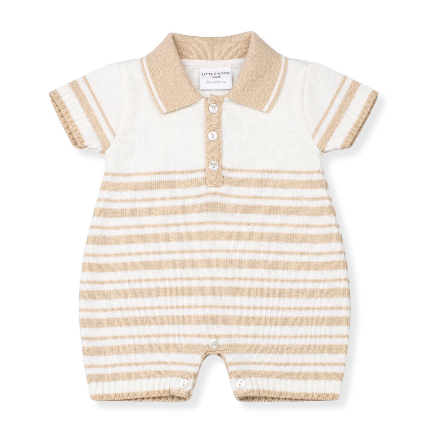 Beige and white striped baby romper with collar on a white background