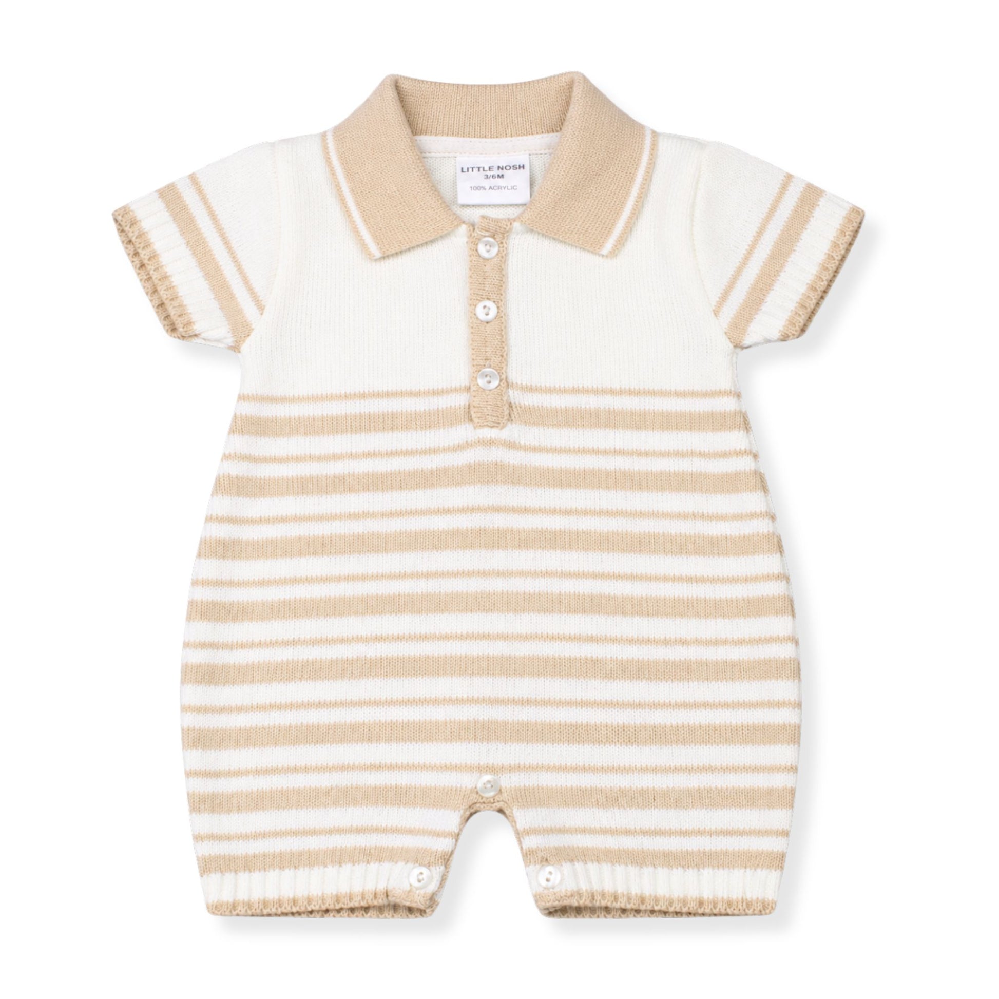 Beige and white striped baby romper with collar on a white background