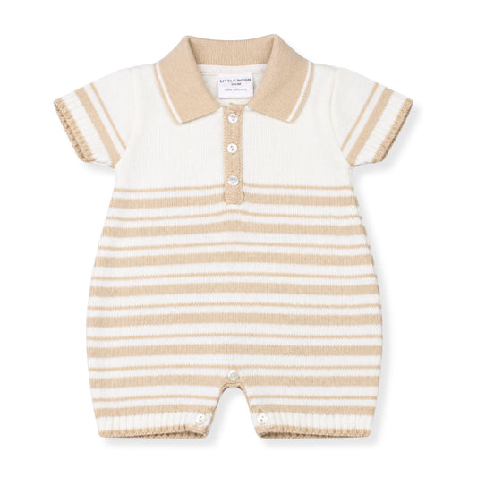 Beige and white striped baby romper with collar on a white background