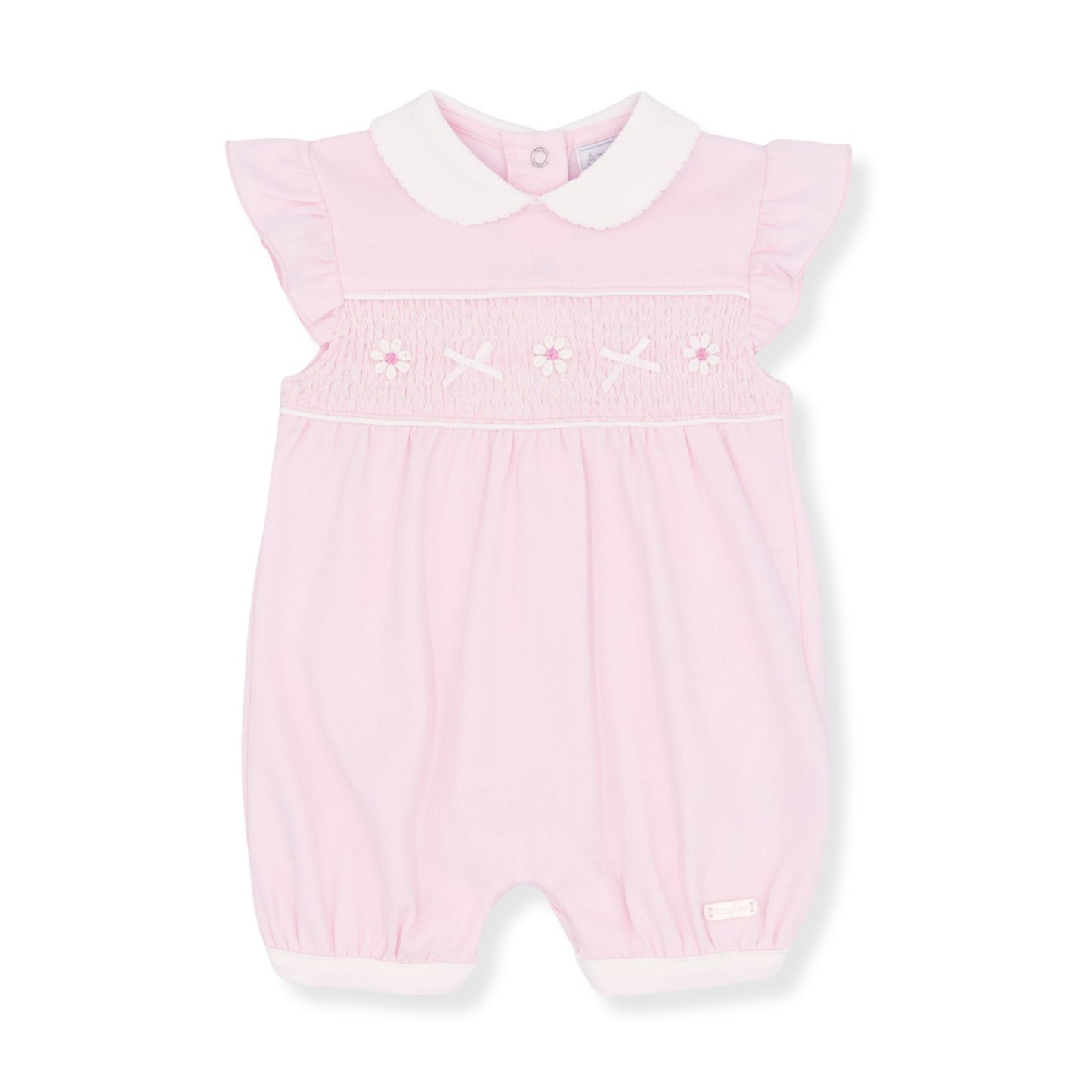 Pink baby romper with white collar on a white background