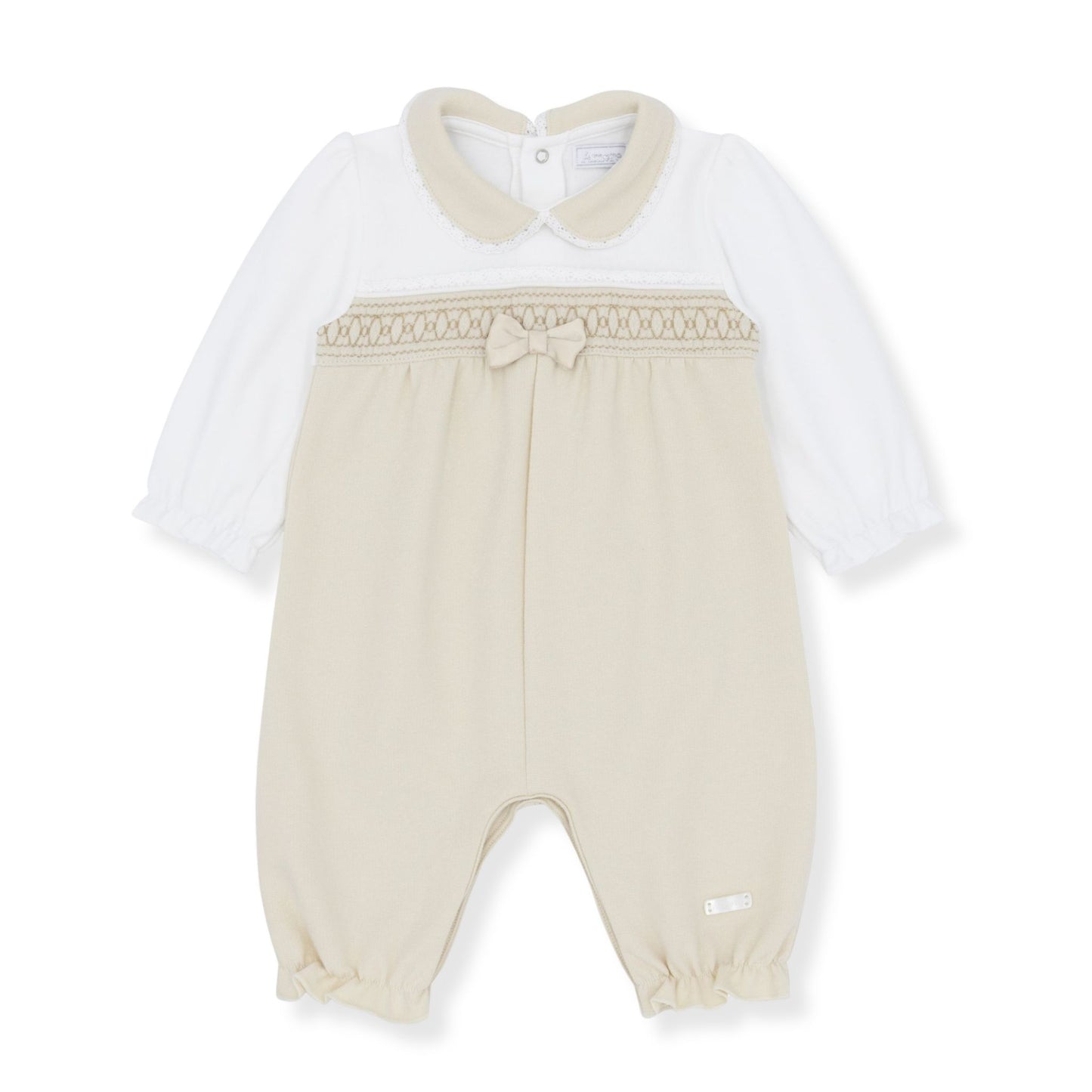 Baby romper with white shirt and beige pants on a white background