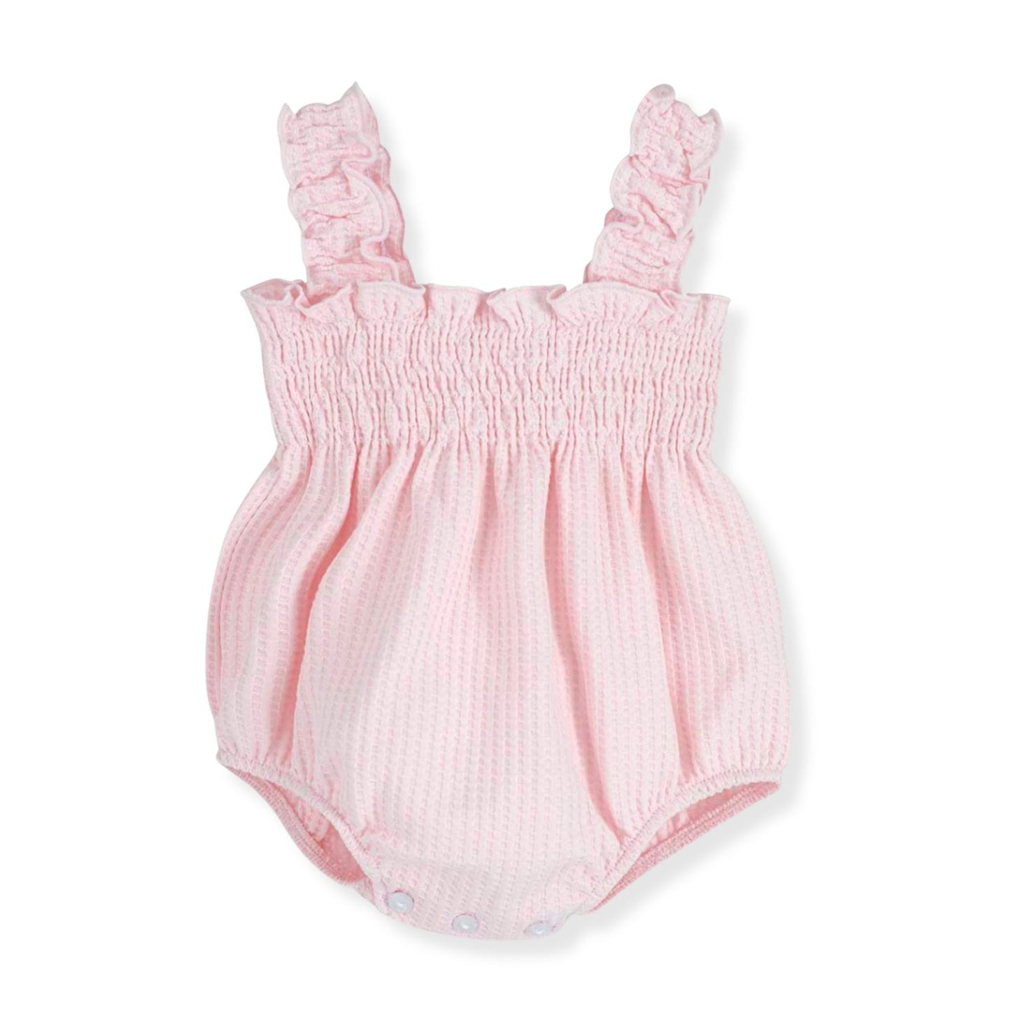 Pink baby romper with ruffled straps on a white background