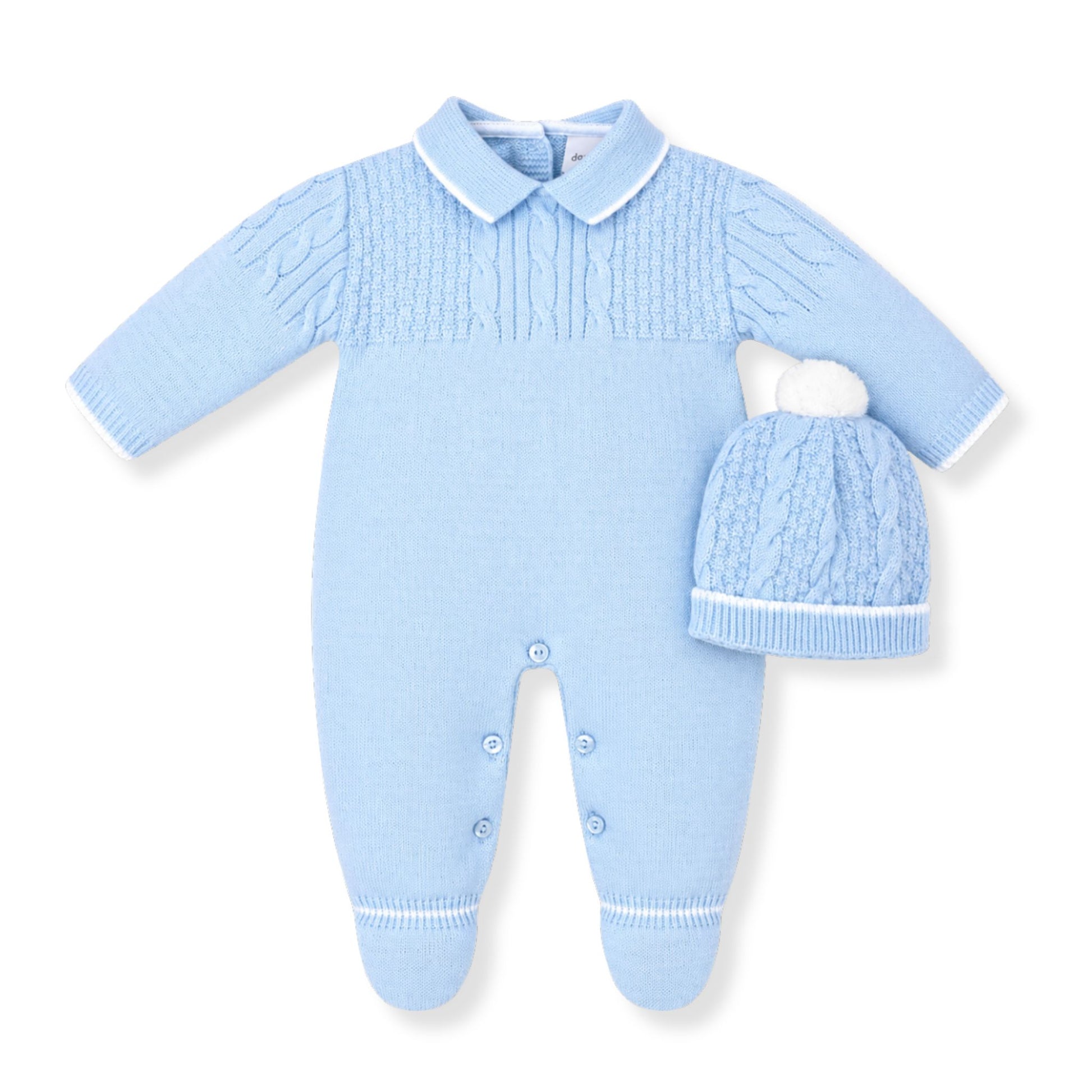 Light blue baby knitted outfit with matching hat on a white background