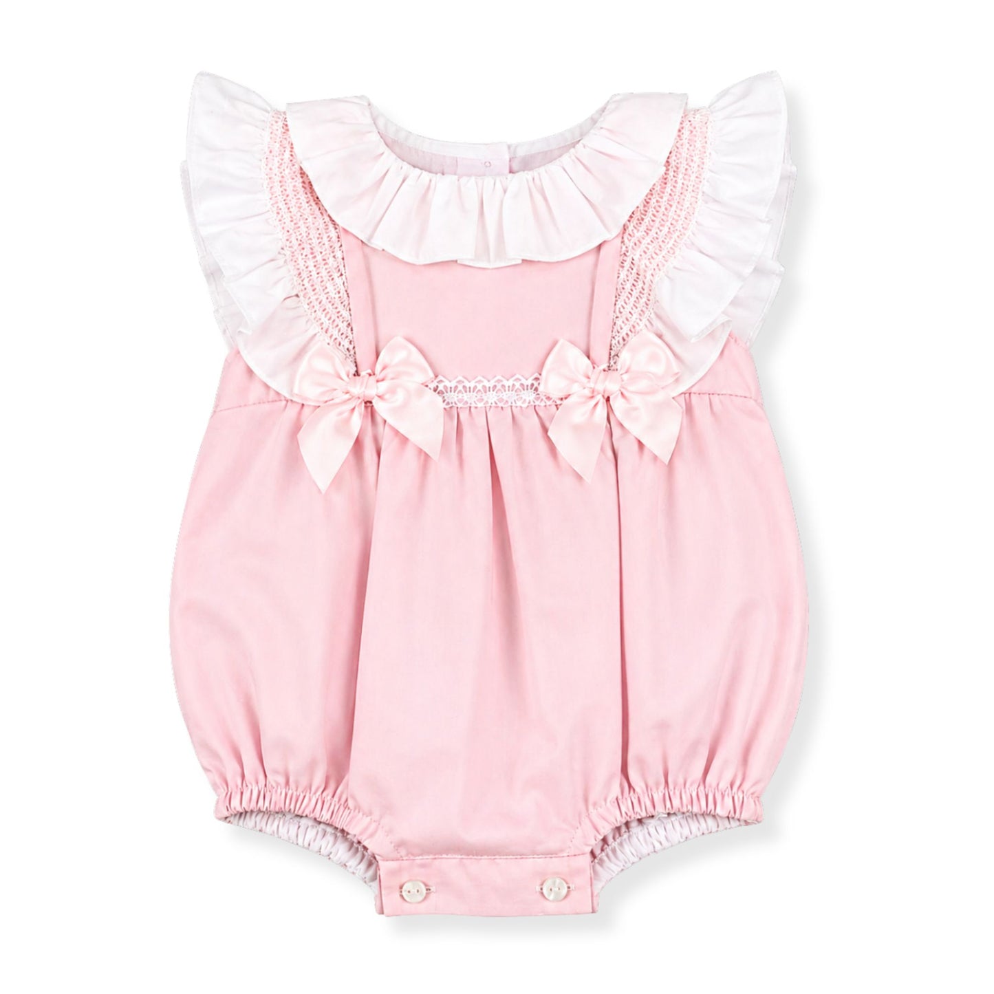 Pink baby romper with ruffled collar and bow details  in a spanish style on a white background