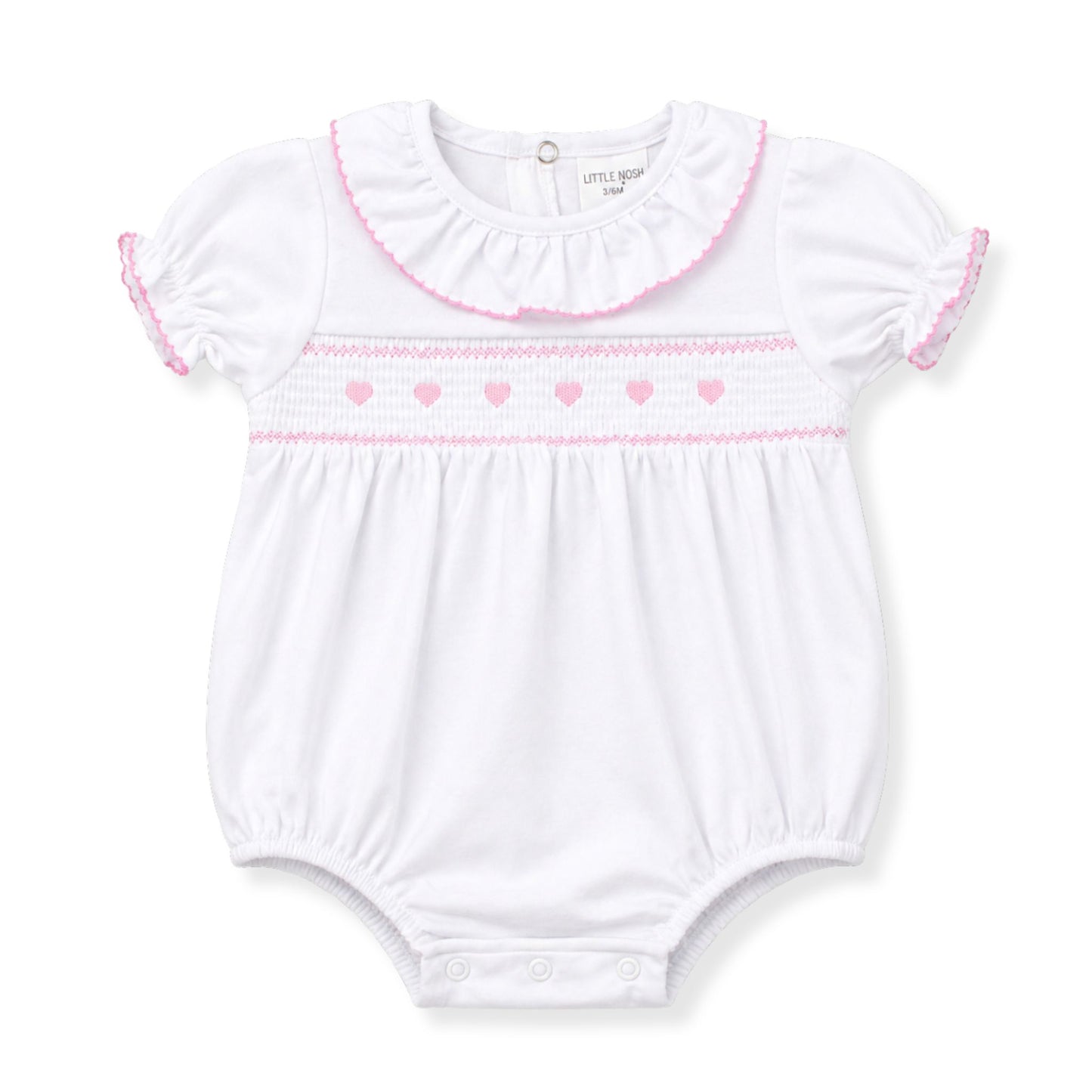 White baby romper with pink trim on a white background
