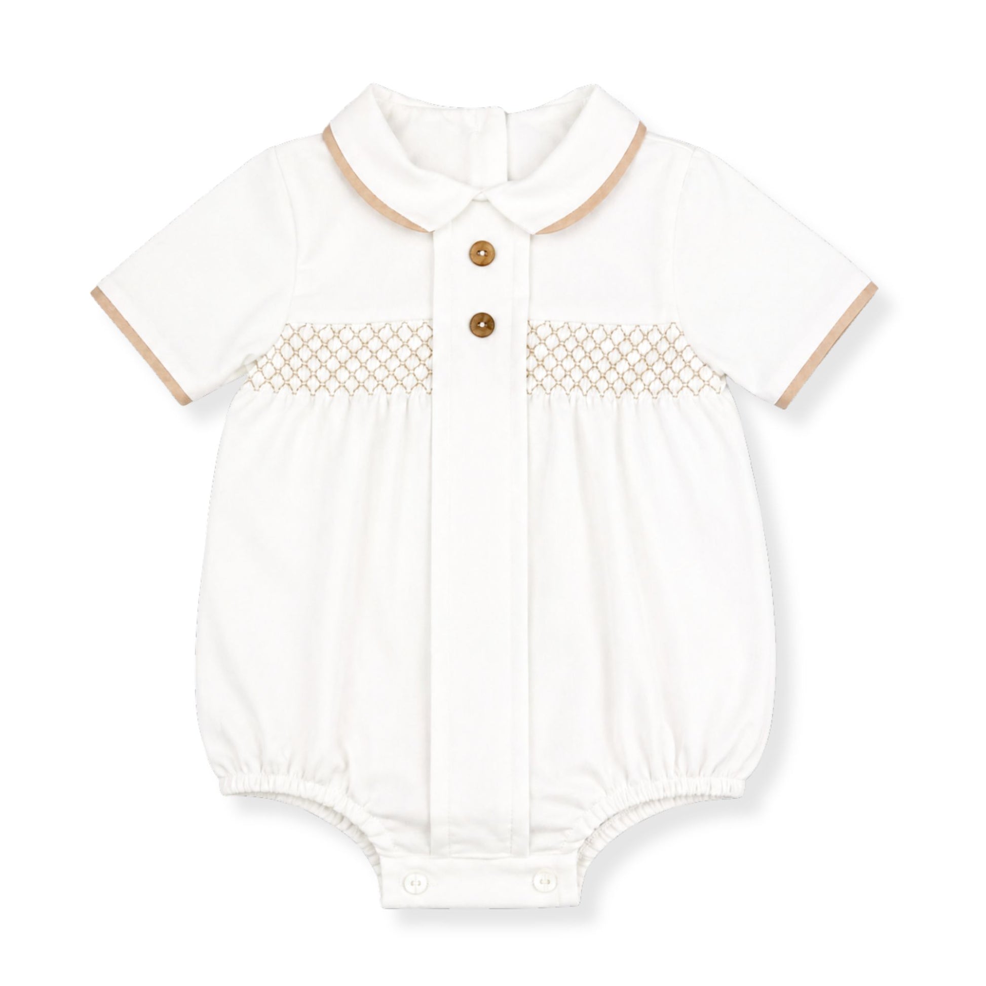 White baby romper with beige accents on a white background