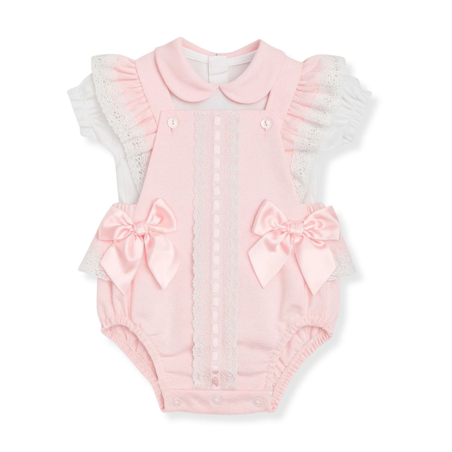 Pink baby romper with collar and bow details on a white background