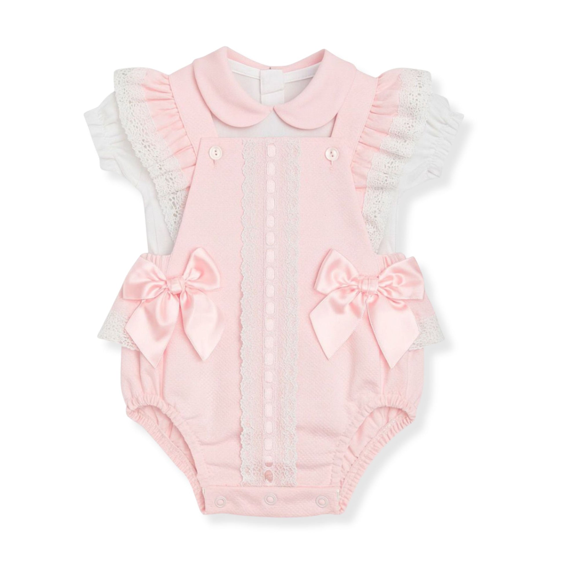 Pink baby romper with collar and bow details on a white background