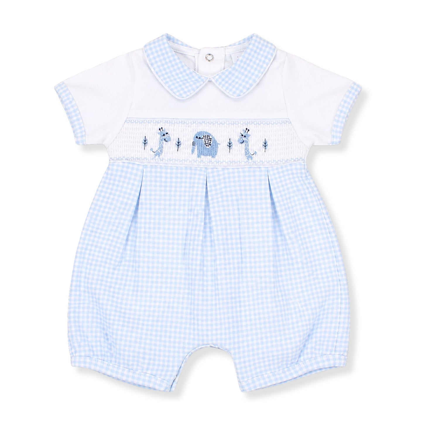 Blue checkered baby romper with embroidered animals on a white background