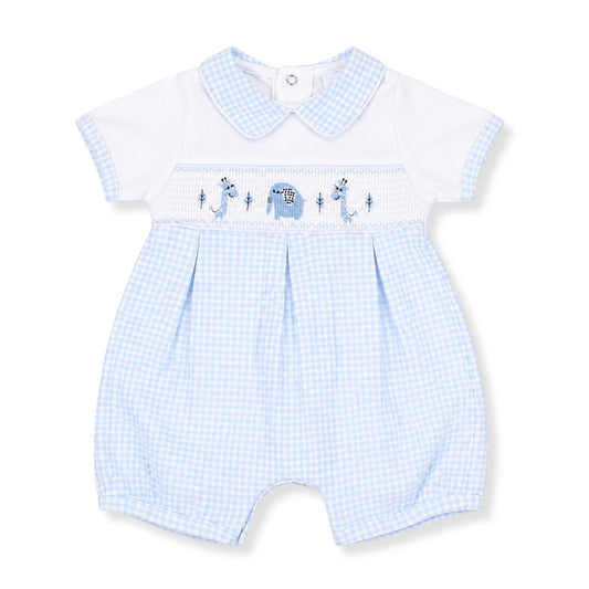 Blue checkered baby romper with embroidered animals on a white background
