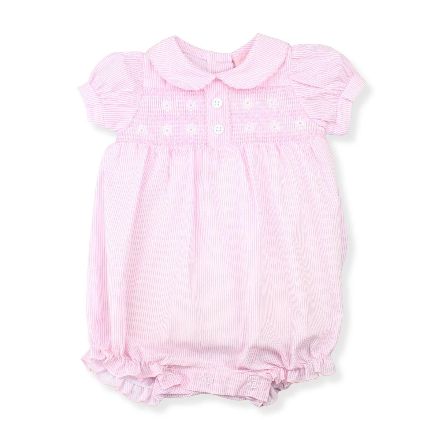 Pink baby romper with ruffled details on a white background