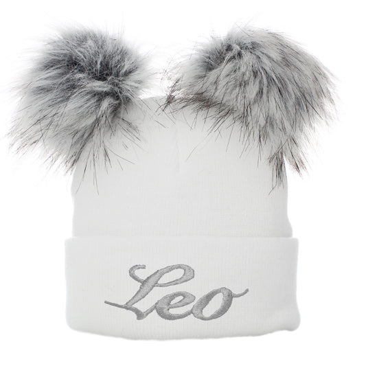 personalised unisex toddler 1-6 years white knitted hat two pom
