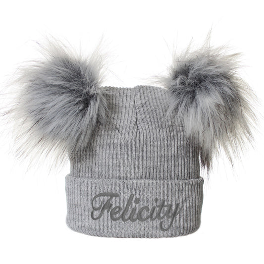 grey double pom hat 6-12 month personalised 