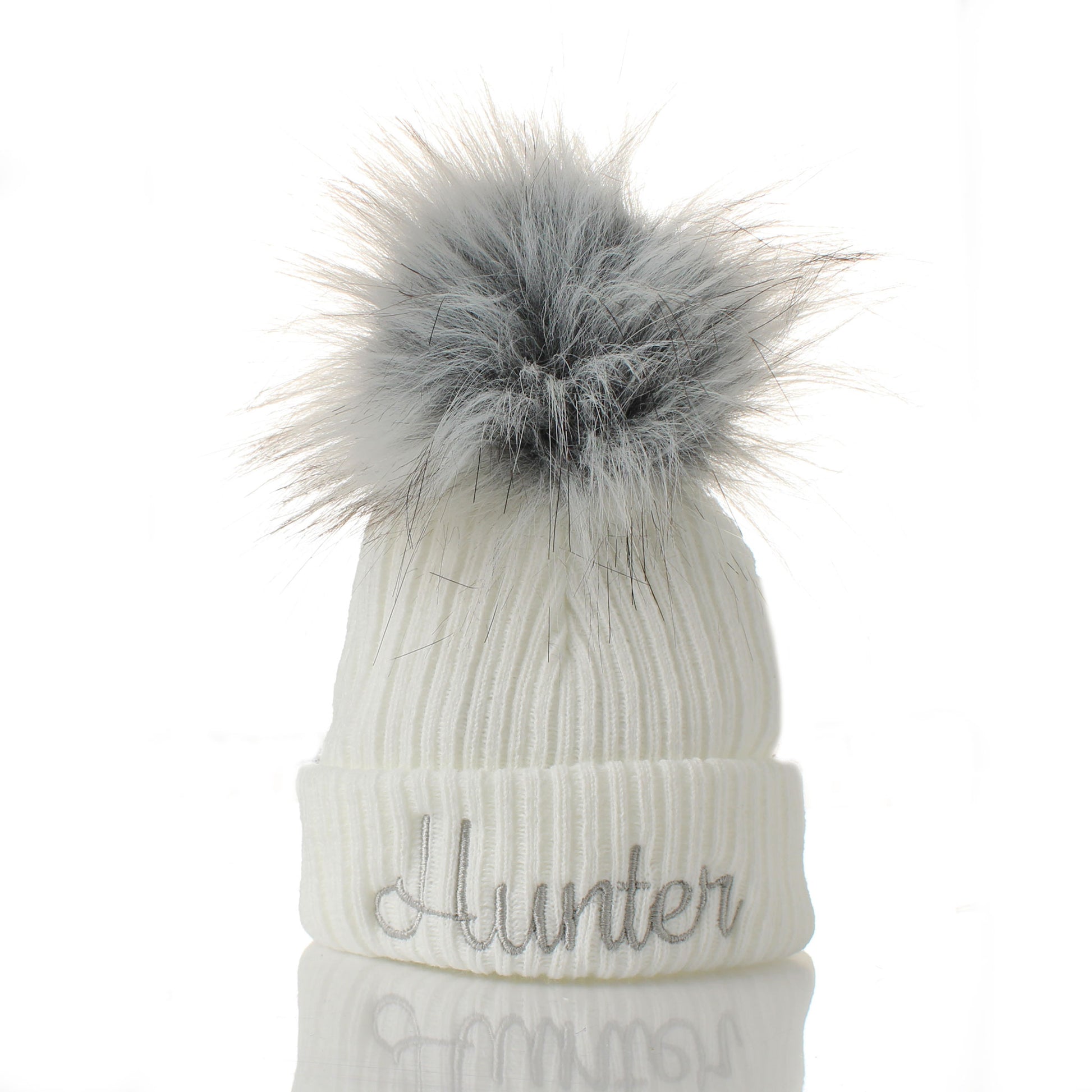 personalised baby newborn hat in white with grey pom