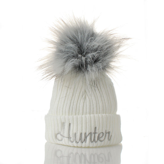 personalised baby newborn hat in white with grey pom