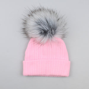 Pink Baby Pom Pom Hat - Girls - Faux Fur Bobble