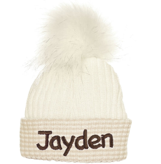 Personalised Newborn Beige and White Pom Pom Hat