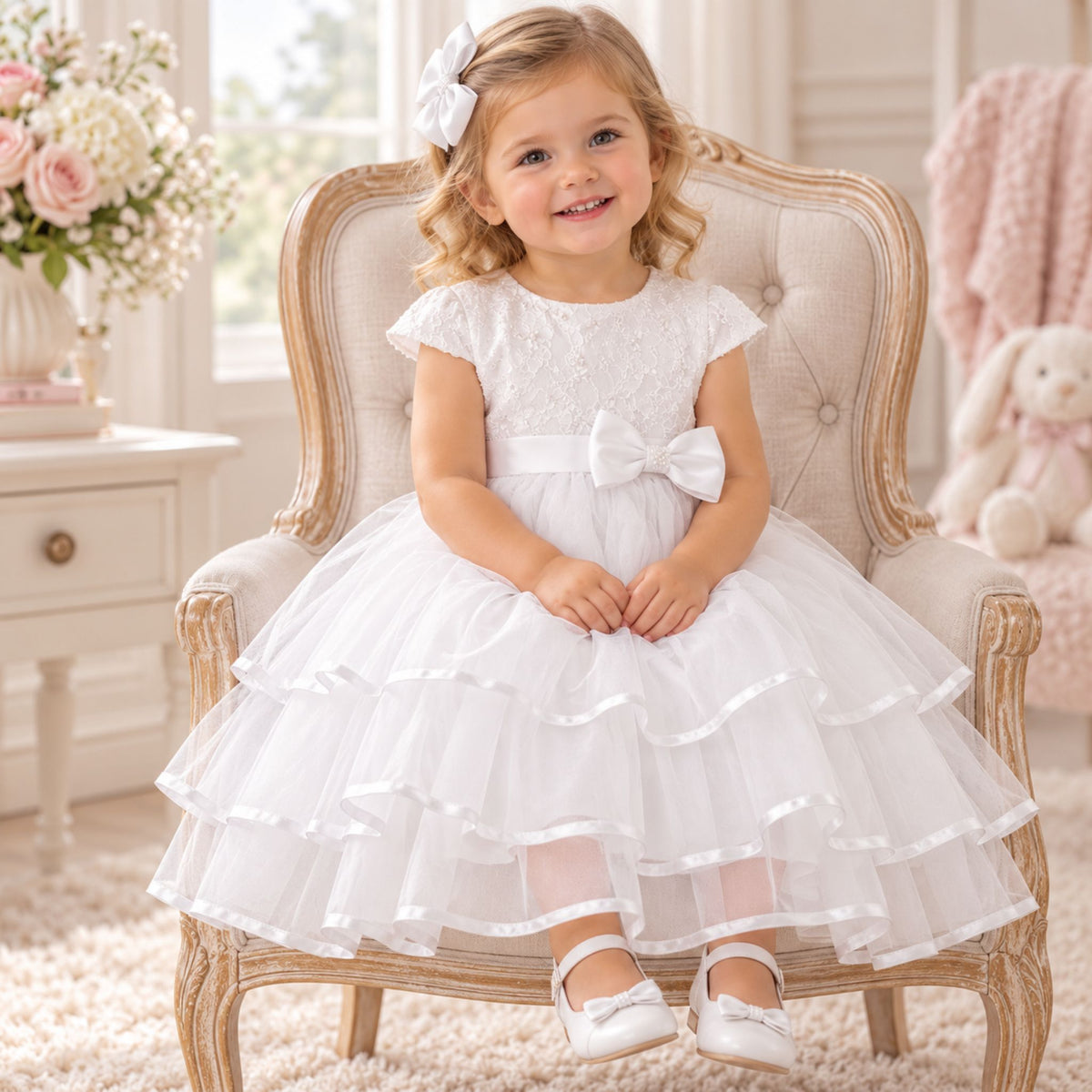 A young girl with blonde hair sits smiling in a white lace and tulle first communion dress with a large bow at the waist, seated in a vintage-style upholstered armchair in a bright, soft room.