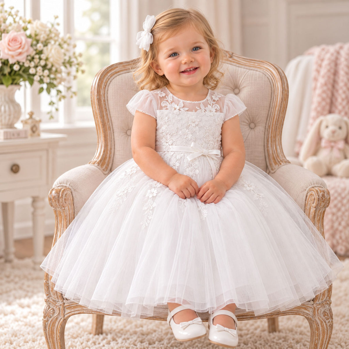 A young girl with blonde hair sits smiling in a white lace and tulle first communion dress while sitting on a vintage-style upholstered armchair in a bright, decorated nursery.