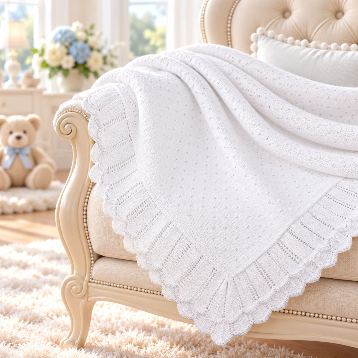 sarah louise white knit baby shawl