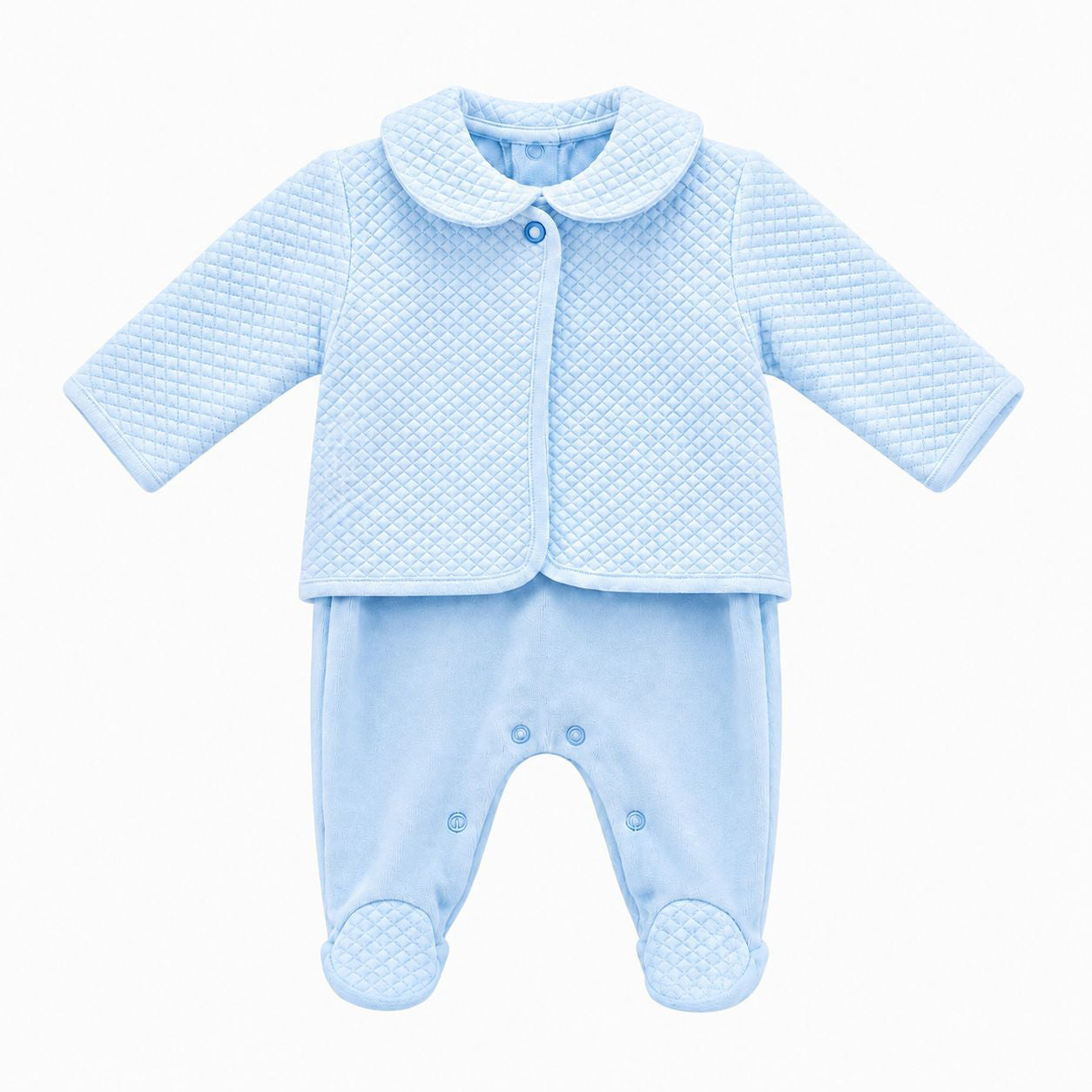 Baby boys blue babygrow and quilted jacket two piece outfit made in Portugal
