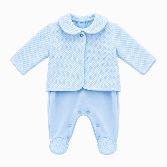 Baby boys blue babygrow and quilted jacket two piece outfit made in Portugal