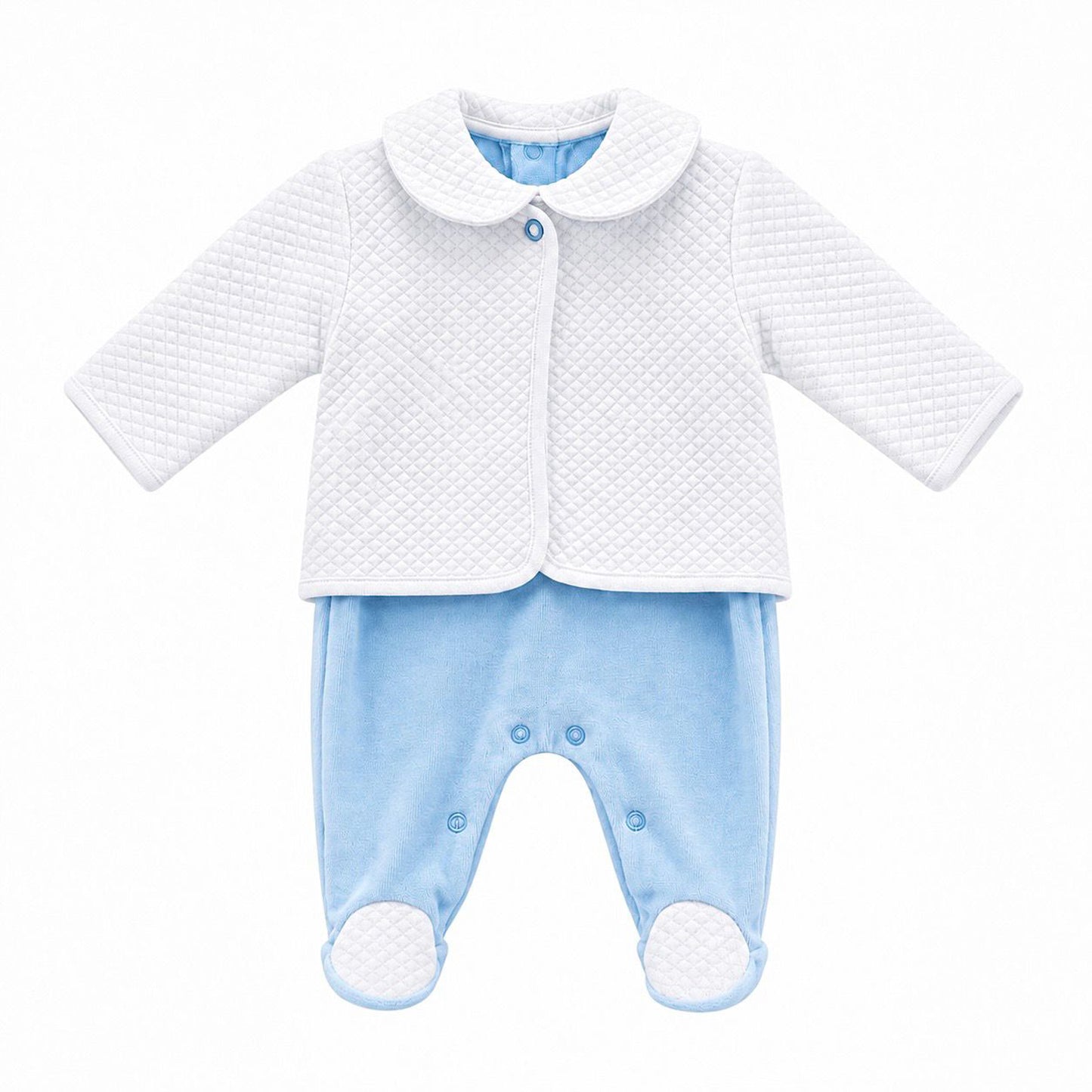 Baby boys blue velour babygrow with white quilted collar feet and white jacket