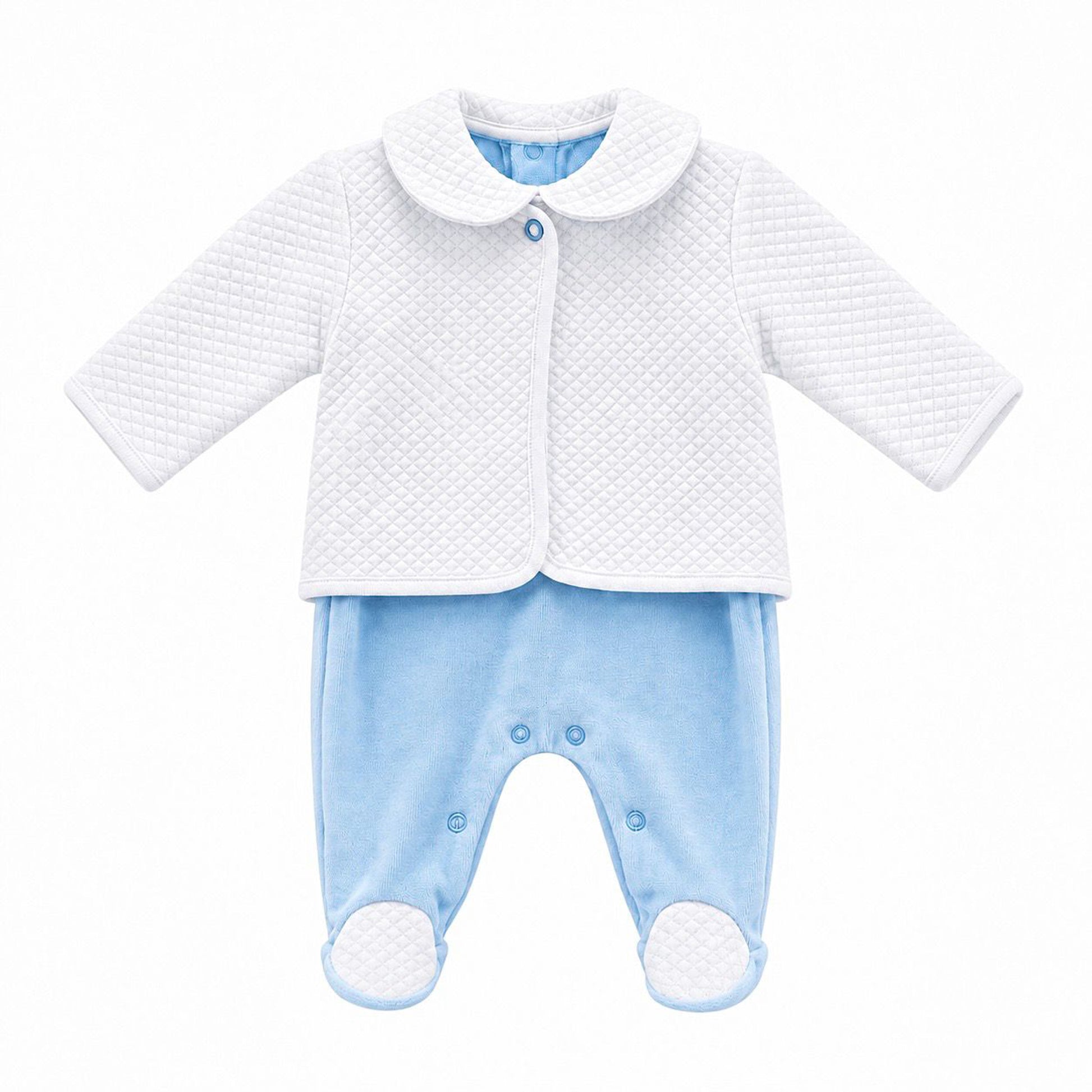 Baby boys blue velour babygrow with white quilted collar feet and white jacket